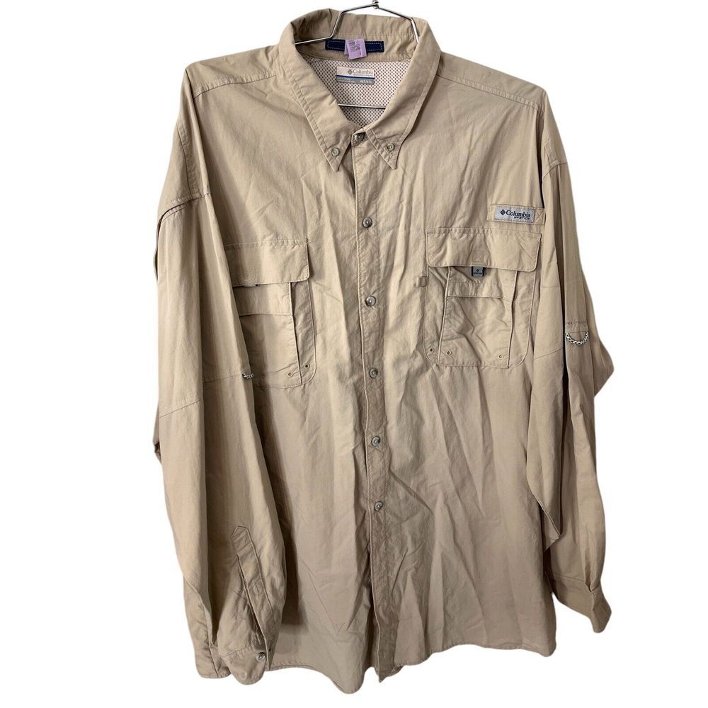 Columbia PFG‎ Fishing Shirt Men 4X XXXL Tan Vented Long Sleeve Omni Shade